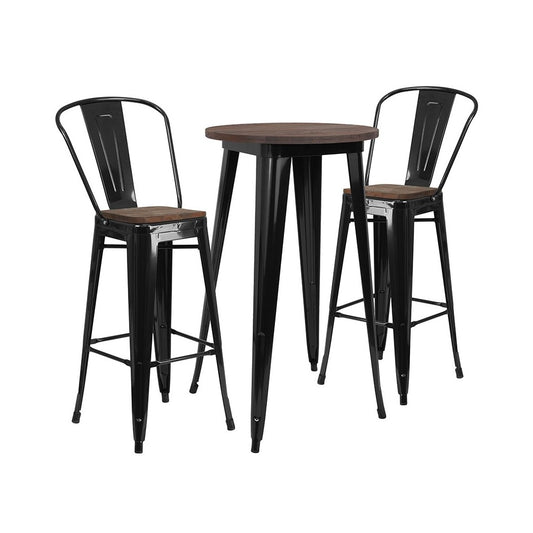 24" Round Black Metal Bar Table Set with Wood Top and 2 Stools