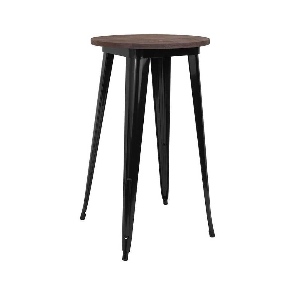 24" Round Black Metal Indoor Bar Height Table with Walnut Rustic Wood Top