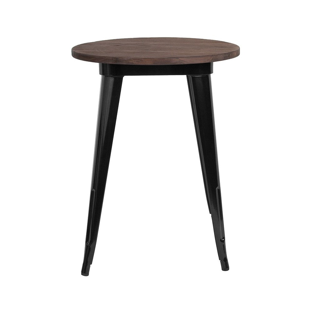 24" Round Black Metal Indoor Table with Walnut Rustic Wood Top