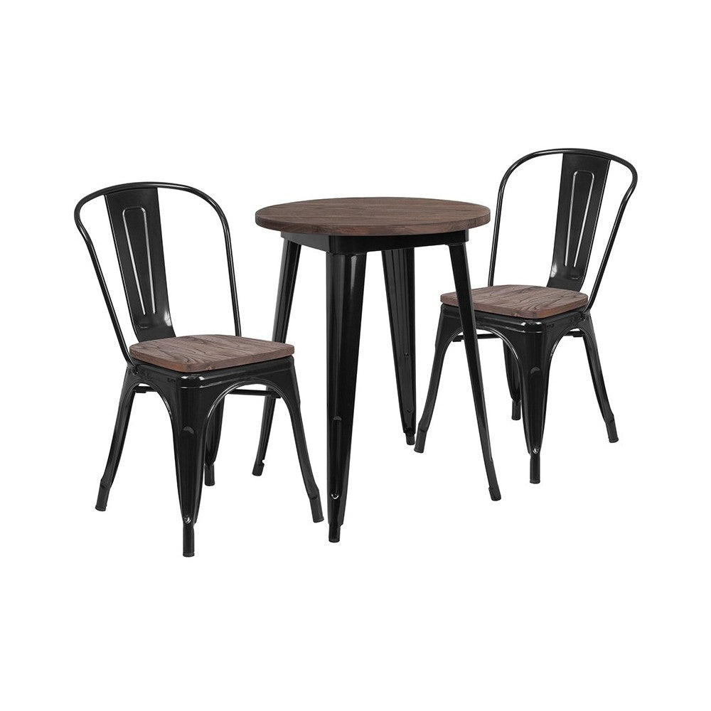 24" Round Black Metal Table Set with Wood Top and 2 Stack Chairs