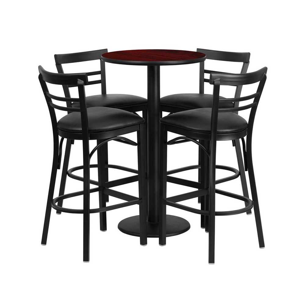 24'' Round Mahogany Laminate Table Set with Round Base and 4 Two-Slat Ladder Back Metal Barstools - Black Vinyl Seat