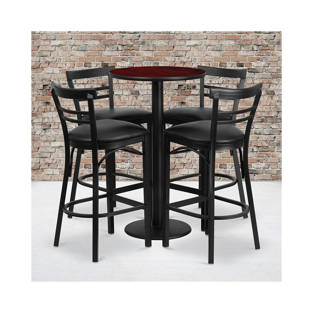 24'' Round Mahogany Laminate Table Set with Round Base and 4 Two-Slat Ladder Back Metal Barstools - Black Vinyl Seat