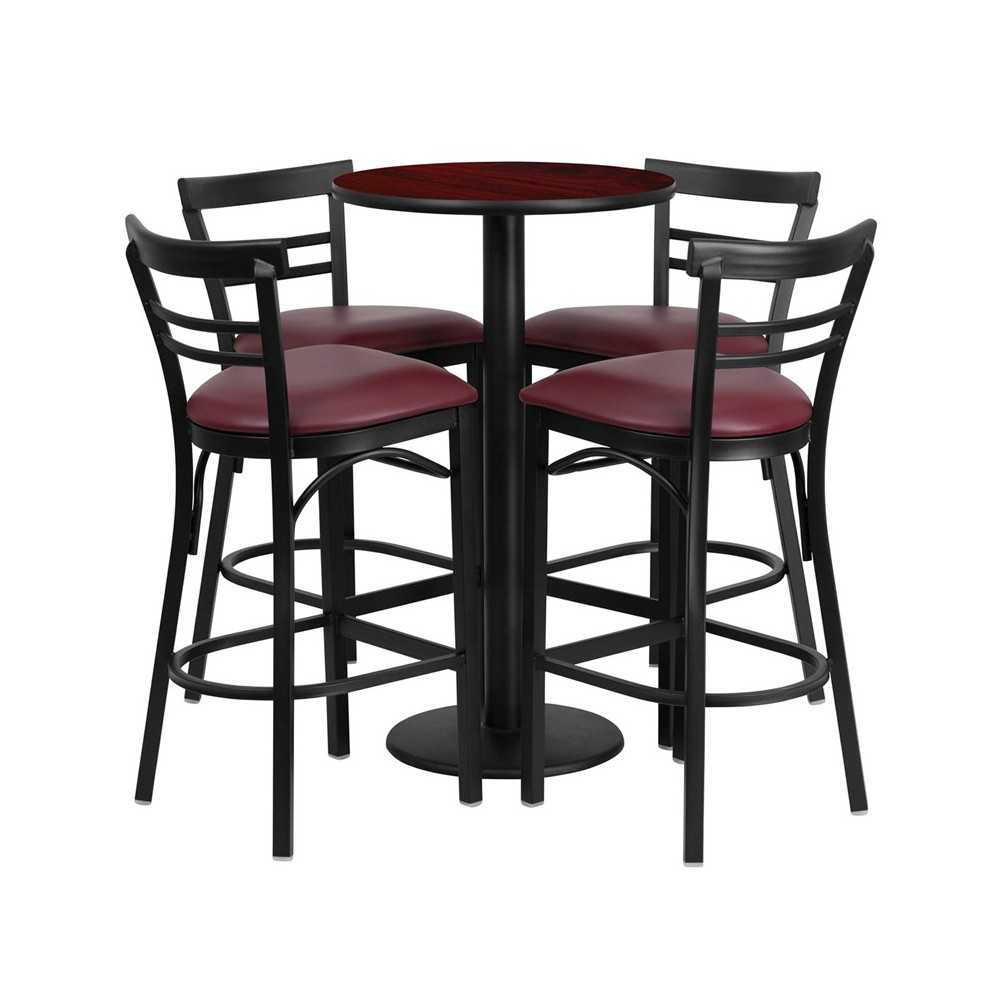 24'' Round Mahogany Laminate Table Set with Round Base and 4 Two-Slat Ladder Back Metal Barstools - Burgundy Vinyl Seat