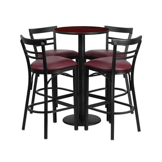 24'' Round Mahogany Laminate Table Set with Round Base and 4 Two-Slat Ladder Back Metal Barstools - Burgundy Vinyl Seat