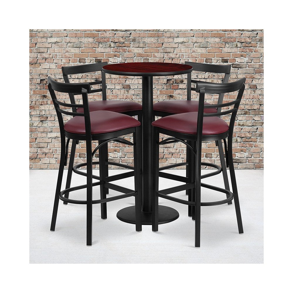 24'' Round Mahogany Laminate Table Set with Round Base and 4 Two-Slat Ladder Back Metal Barstools - Burgundy Vinyl Seat