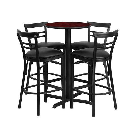 24'' Round Mahogany Laminate Table Set with X-Base and 4 Two-Slat Ladder Back Metal Barstools - Black Vinyl Seat