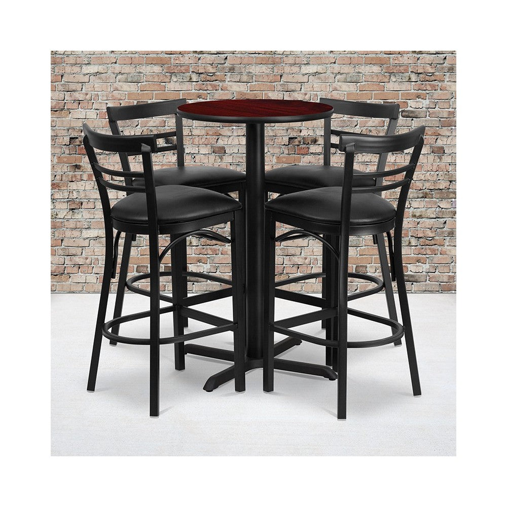 24'' Round Mahogany Laminate Table Set with X-Base and 4 Two-Slat Ladder Back Metal Barstools - Black Vinyl Seat