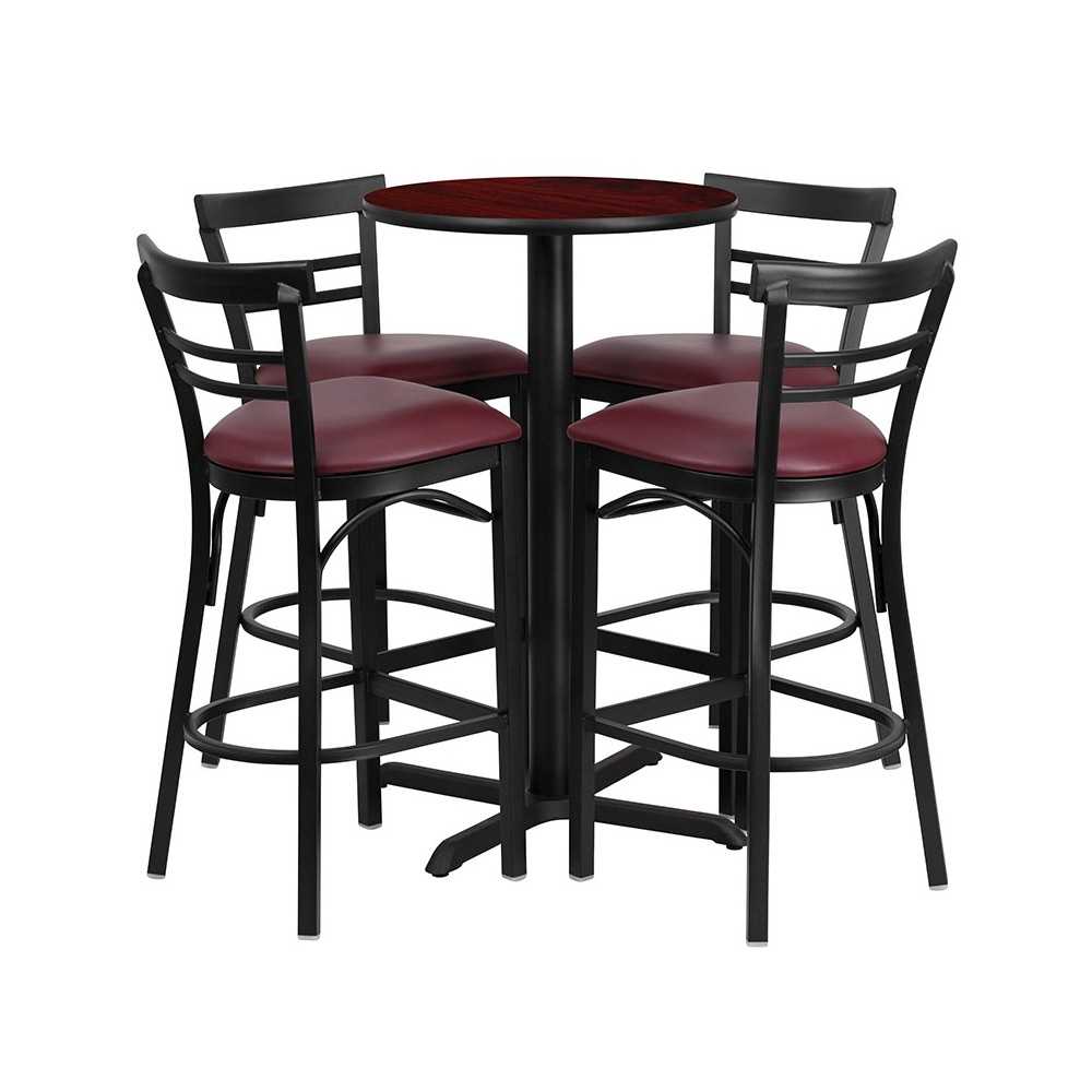 24'' Round Mahogany Laminate Table Set with X-Base and 4 Two-Slat Ladder Back Metal Barstools - Burgundy Vinyl Seat