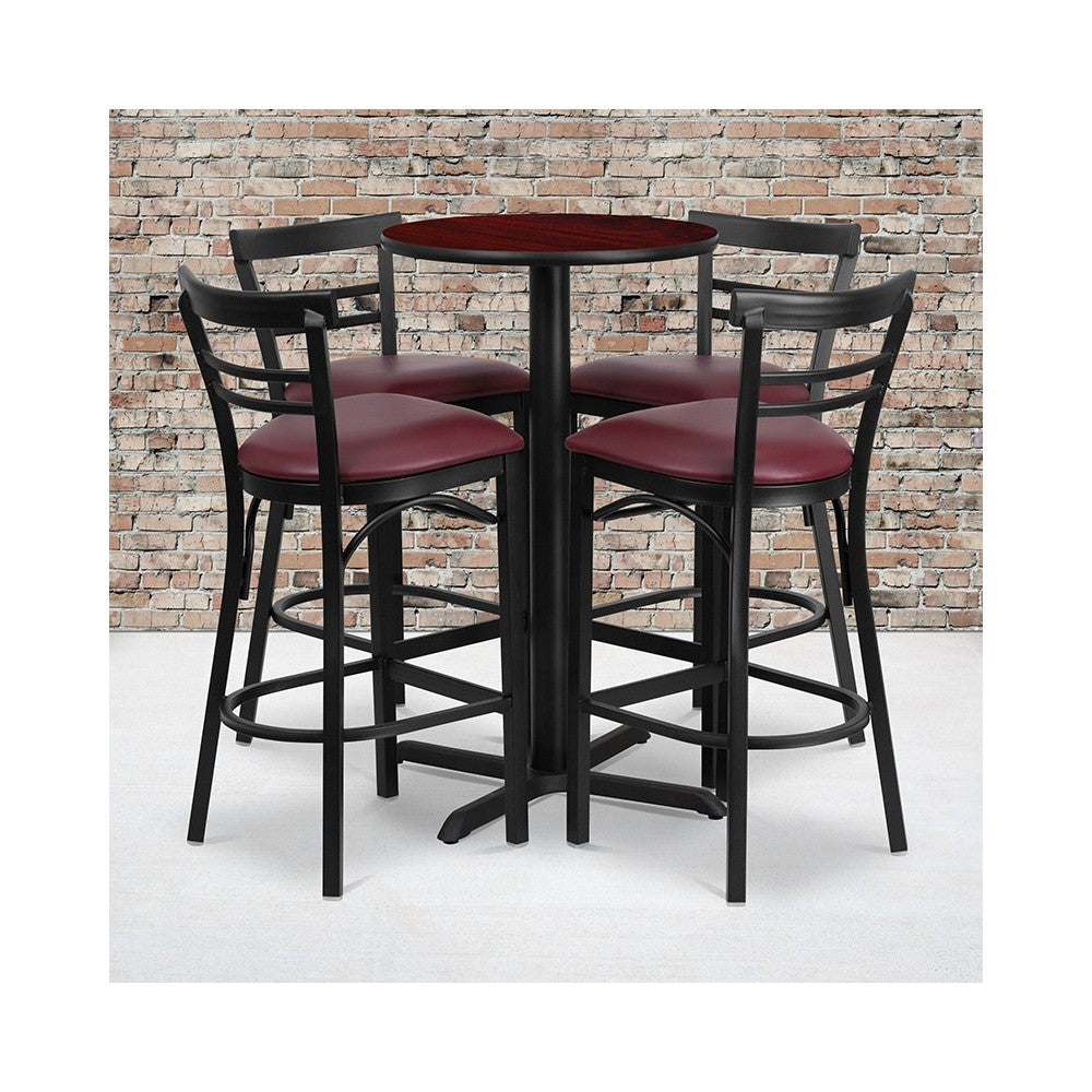 24'' Round Mahogany Laminate Table Set with X-Base and 4 Two-Slat Ladder Back Metal Barstools - Burgundy Vinyl Seat