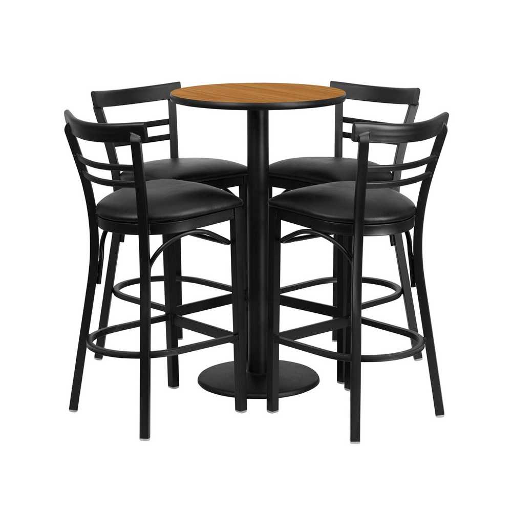 24'' Round Natural Laminate Table Set with Round Base and 4 Two-Slat Ladder Back Metal Barstools - Black Vinyl Seat