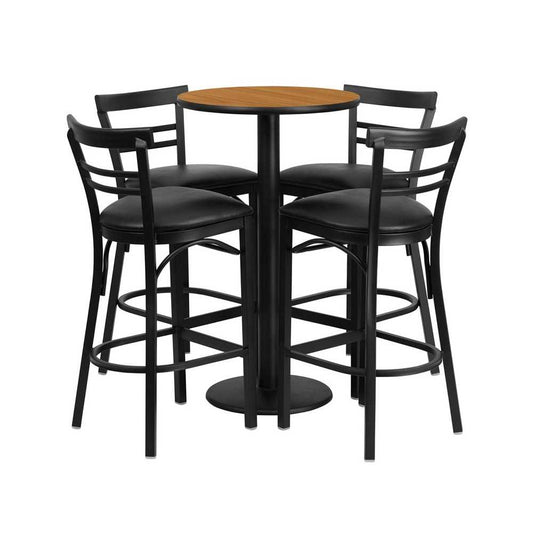 24'' Round Natural Laminate Table Set with Round Base and 4 Two-Slat Ladder Back Metal Barstools - Black Vinyl Seat