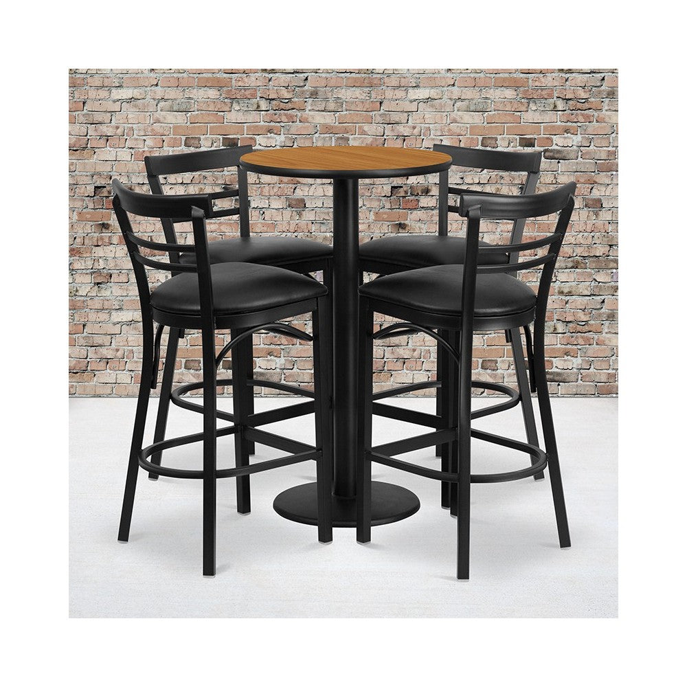 24'' Round Natural Laminate Table Set with Round Base and 4 Two-Slat Ladder Back Metal Barstools - Black Vinyl Seat