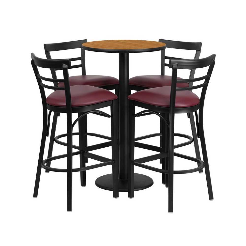 24'' Round Natural Laminate Table Set with Round Base and 4 Two-Slat Ladder Back Metal Barstools - Burgundy Vinyl Seat