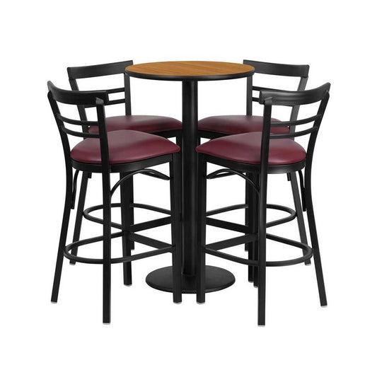 24'' Round Natural Laminate Table Set with Round Base and 4 Two-Slat Ladder Back Metal Barstools - Burgundy Vinyl Seat