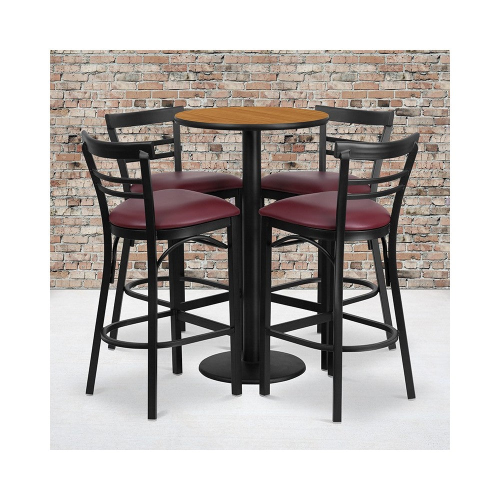 24'' Round Natural Laminate Table Set with Round Base and 4 Two-Slat Ladder Back Metal Barstools - Burgundy Vinyl Seat