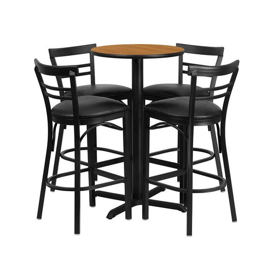 24'' Round Natural Laminate Table Set with X-Base and 4 Two-Slat Ladder Back Metal Barstools - Black Vinyl Seat