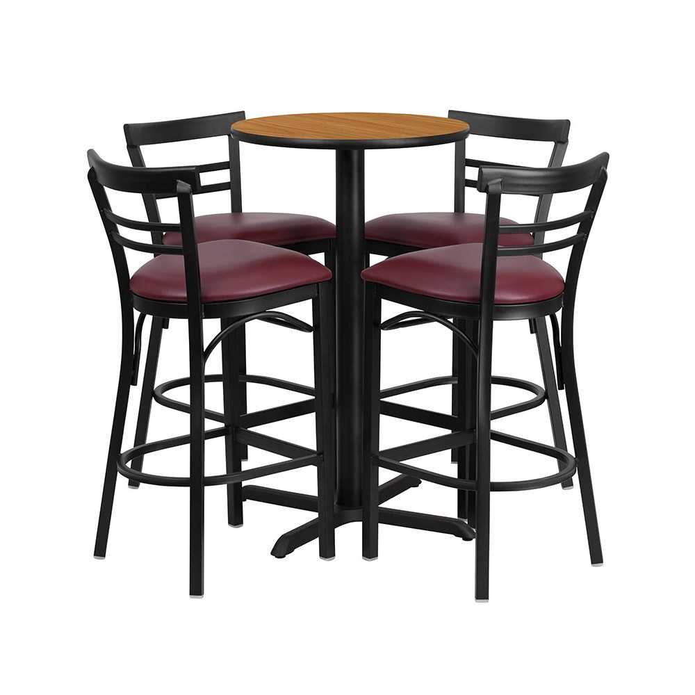 24'' Round Natural Laminate Table Set with X-Base and 4 Two-Slat Ladder Back Metal Barstools - Burgundy Vinyl Seat