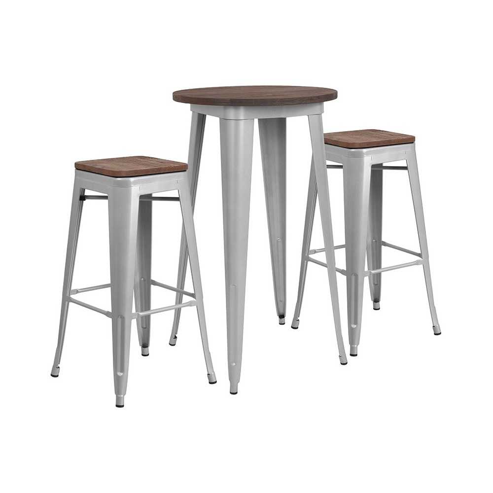 24" Round Silver Metal Bar Table Set with Wood Top and 2 Backless Stools