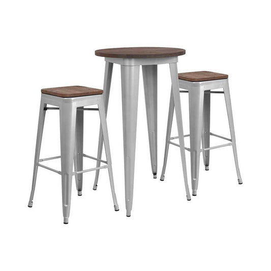 24" Round Silver Metal Bar Table Set with Wood Top and 2 Backless Stools