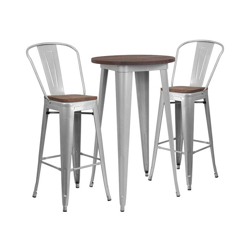 24" Round Silver Metal Bar Table Set with Wood Top and 2 Stools