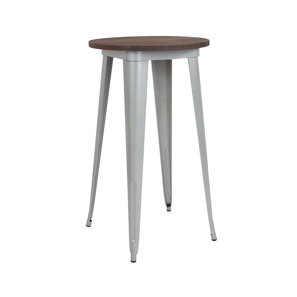 24" Round Silver Metal Indoor Bar Height Table with Walnut Rustic Wood Top