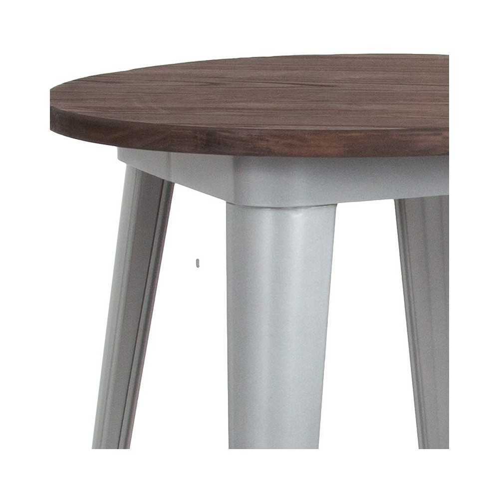 24" Round Silver Metal Indoor Bar Height Table with Walnut Rustic Wood Top