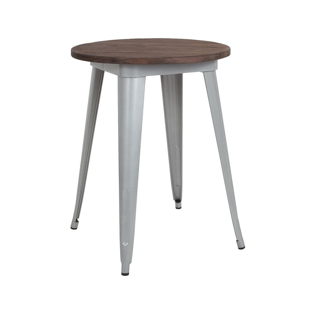 24" Round Silver Metal Indoor Table with Walnut Rustic Wood Top