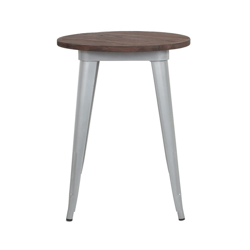 24" Round Silver Metal Indoor Table with Walnut Rustic Wood Top