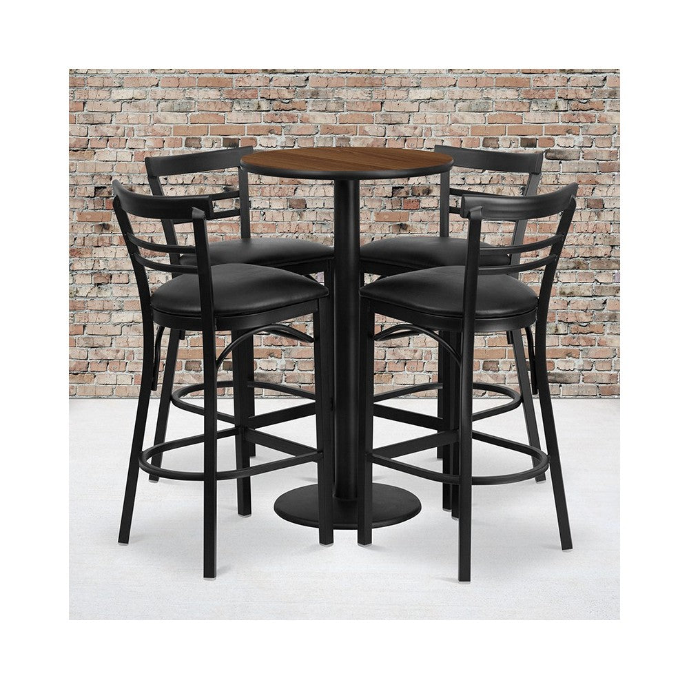 24'' Round Walnut Laminate Table Set with Round Base and 4 Two-Slat Ladder Back Metal Barstools - Black Vinyl Seat