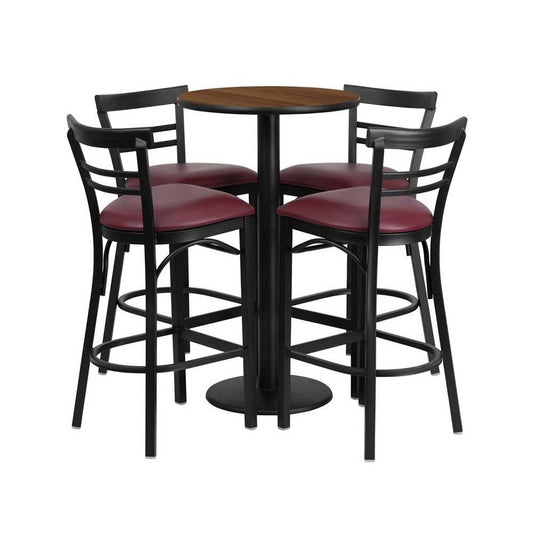 24'' Round Walnut Laminate Table Set with Round Base and 4 Two-Slat Ladder Back Metal Barstools - Burgundy Vinyl Seat