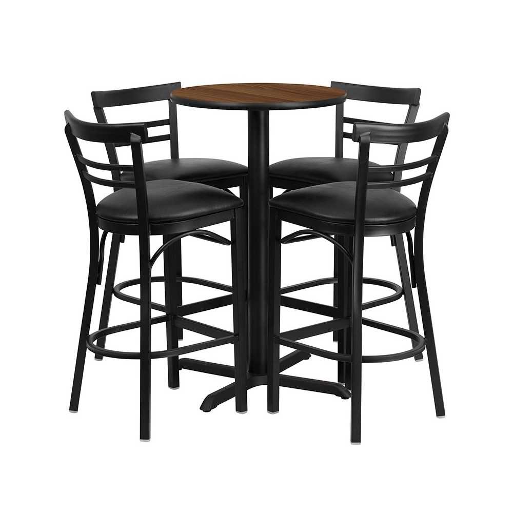 24'' Round Walnut Laminate Table Set with X-Base and 4 Two-Slat Ladder Back Metal Barstools - Black Vinyl Seat