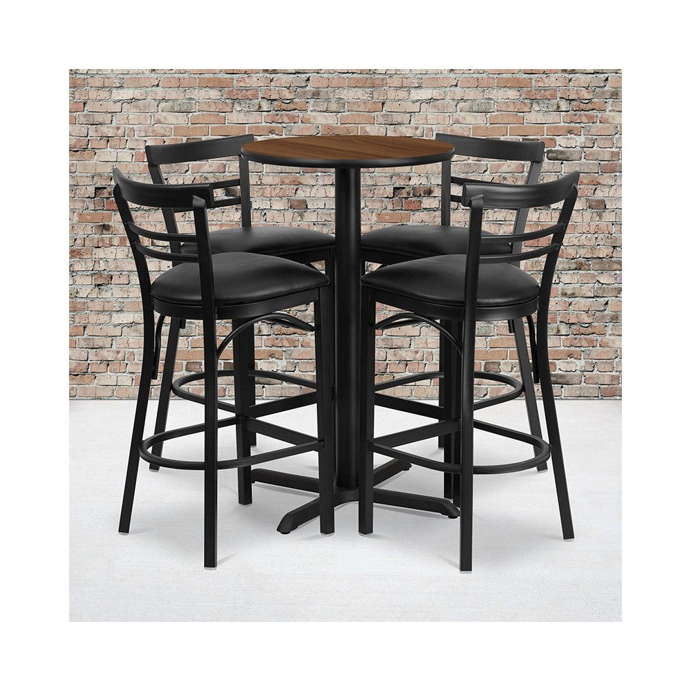 24'' Round Walnut Laminate Table Set with X-Base and 4 Two-Slat Ladder Back Metal Barstools - Black Vinyl Seat