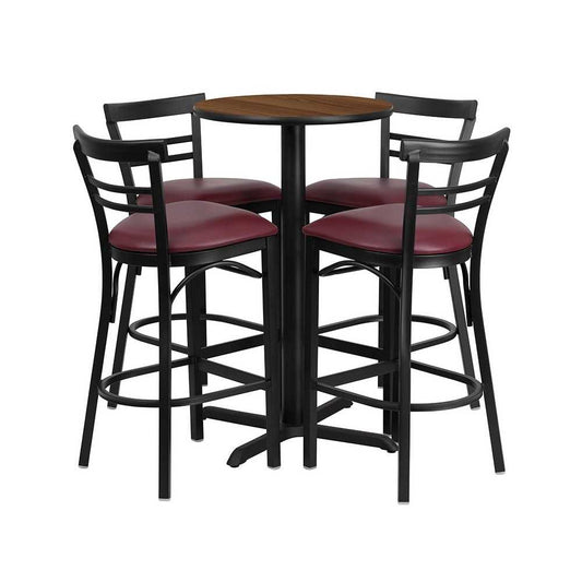 24'' Round Walnut Laminate Table Set with X-Base and 4 Two-Slat Ladder Back Metal Barstools - Burgundy Vinyl Seat