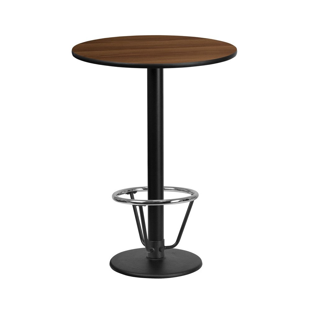 24'' Round Walnut Laminate Table Top with 18'' Round Bar Height Table Base and Foot Ring