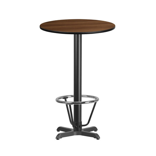 24'' Round Walnut Laminate Table Top with 22'' x 22'' Bar Height Table Base and Foot Ring