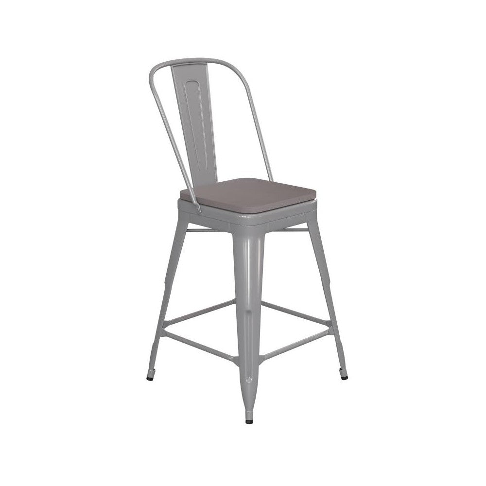 24" Silver Metal Indoor-Outdoor Counter Height Stool-Gray Seat