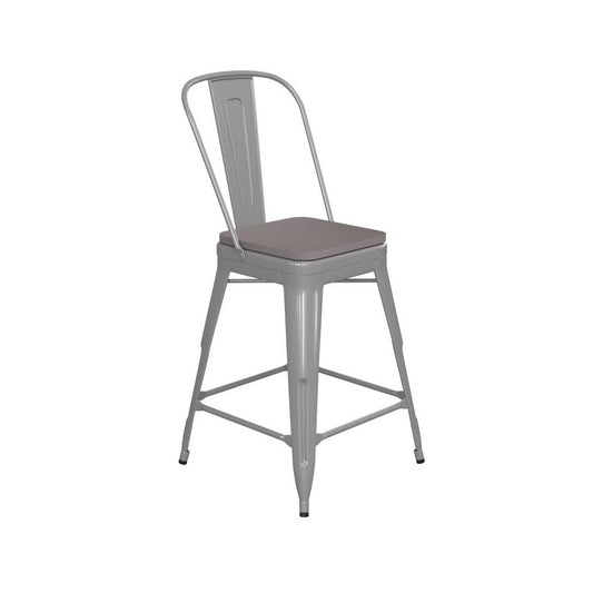 24" Silver Metal Indoor-Outdoor Counter Height Stool-Gray Seat