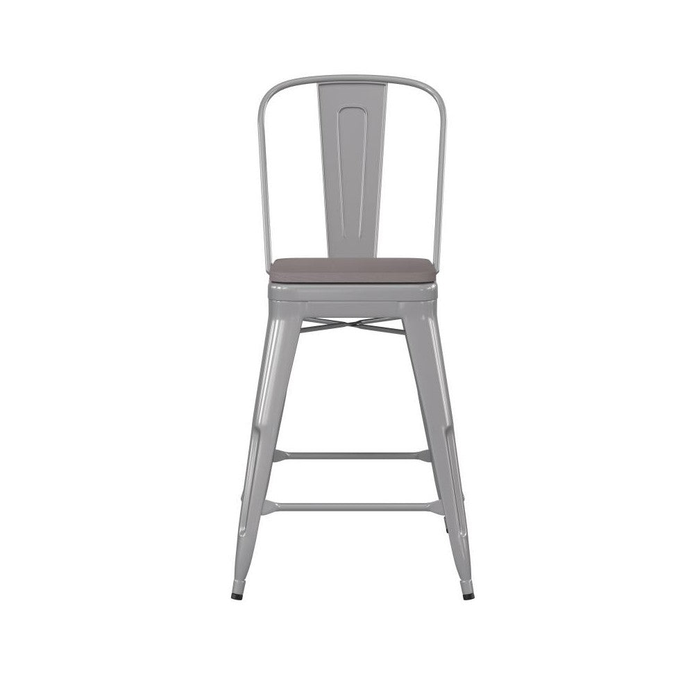 24" Silver Metal Indoor-Outdoor Counter Height Stool-Gray Seat
