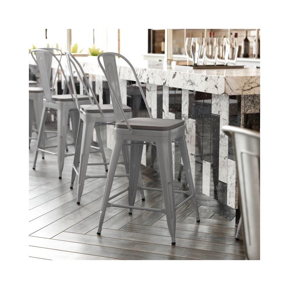 24" Silver Metal Indoor-Outdoor Counter Height Stool-Gray Seat