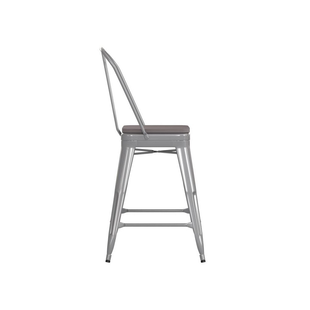 24" Silver Metal Indoor-Outdoor Counter Height Stool-Gray Seat
