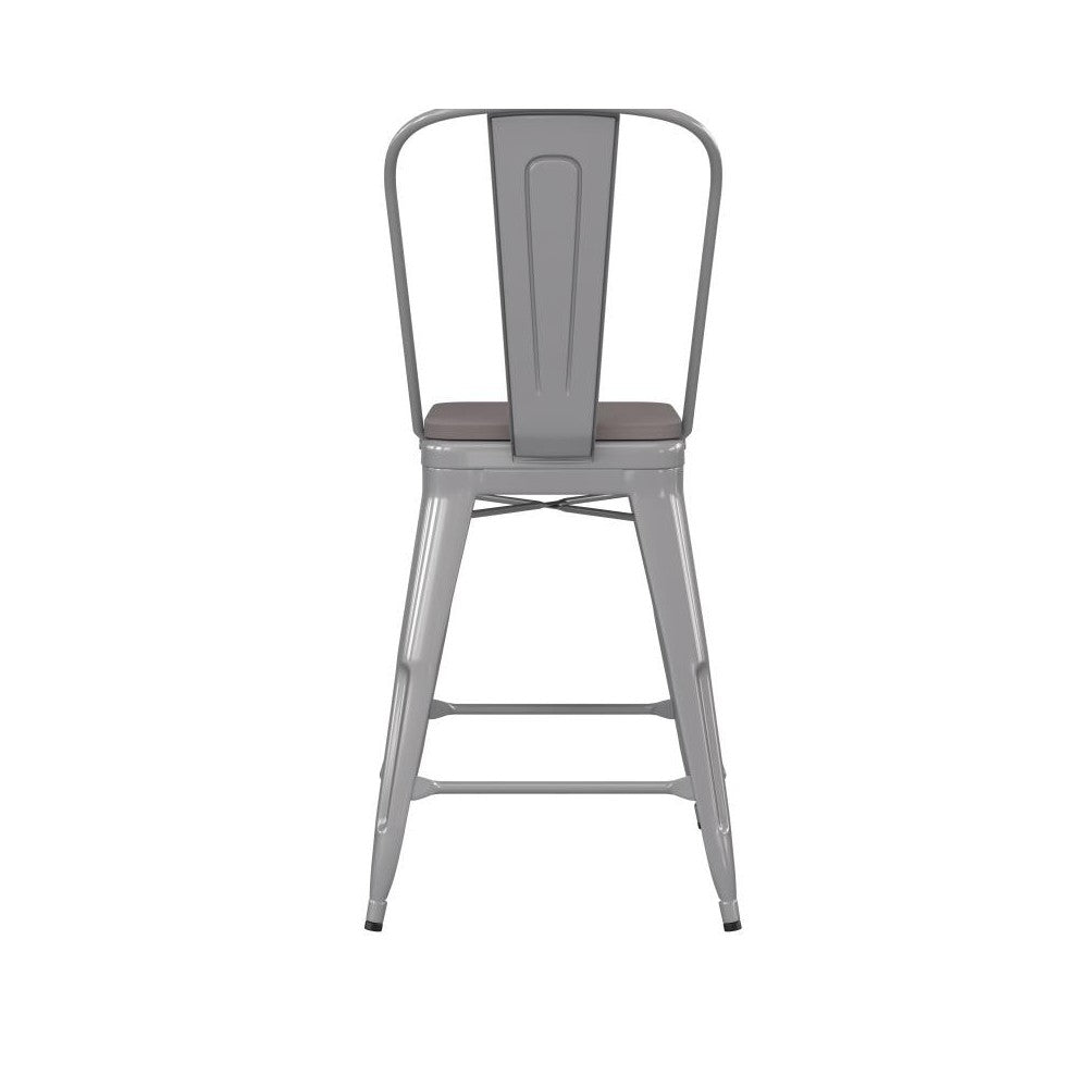 24" Silver Metal Indoor-Outdoor Counter Height Stool-Gray Seat