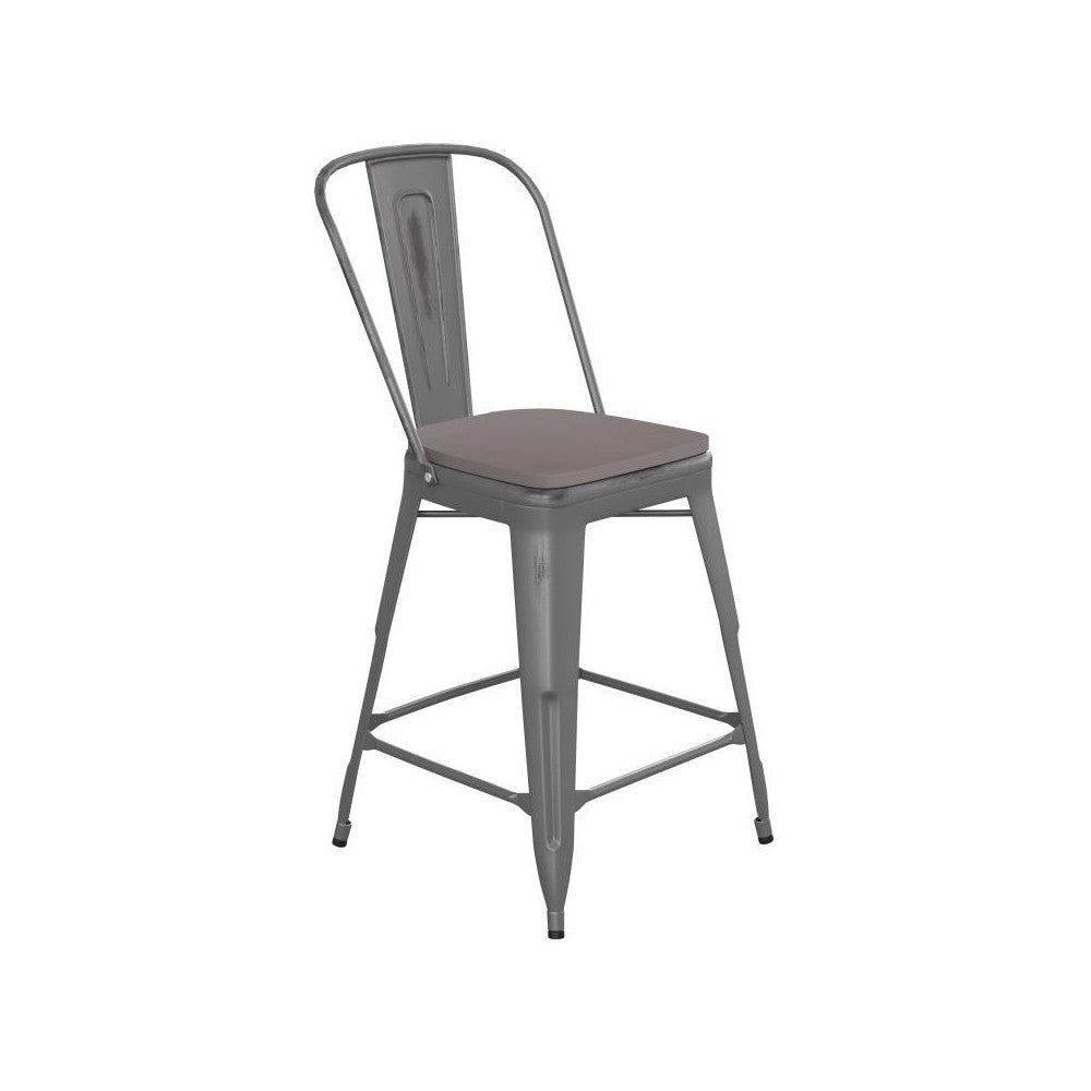 24" Silver Metal Stool-Gray Seat