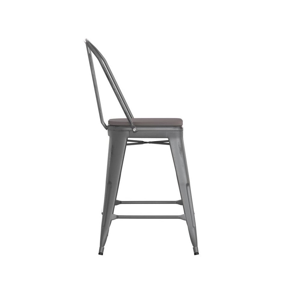 24" Silver Metal Stool-Gray Seat