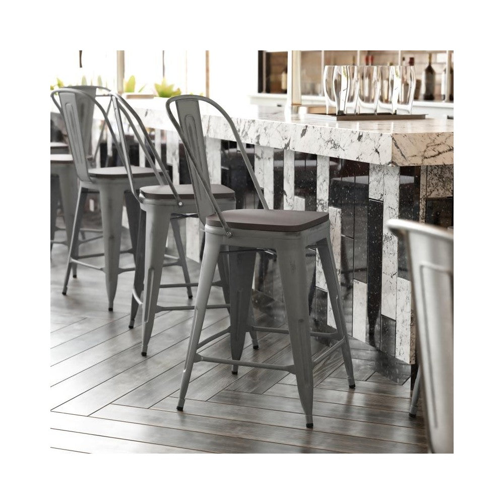 24" Silver Metal Stool-Gray Seat