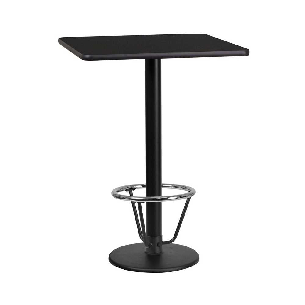 24'' Square Black Laminate Table Top with 18'' Round Bar Height Table Base and Foot Ring