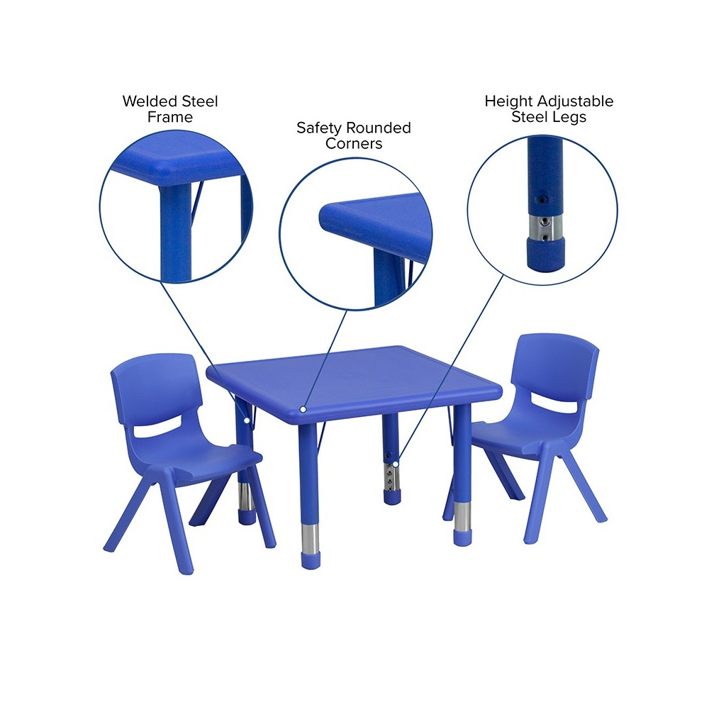 24'' Square Blue Plastic Height Adjustable Activity Table Set with 2 Chairs