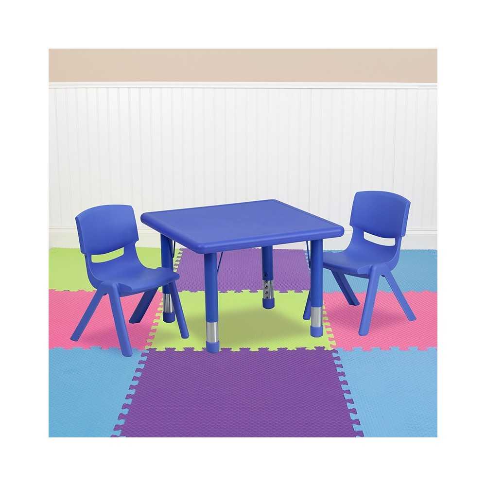 24'' Square Blue Plastic Height Adjustable Activity Table Set with 2 Chairs