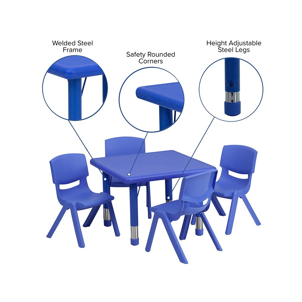 24'' Square Blue Plastic Height Adjustable Activity Table Set with 4 Chairs