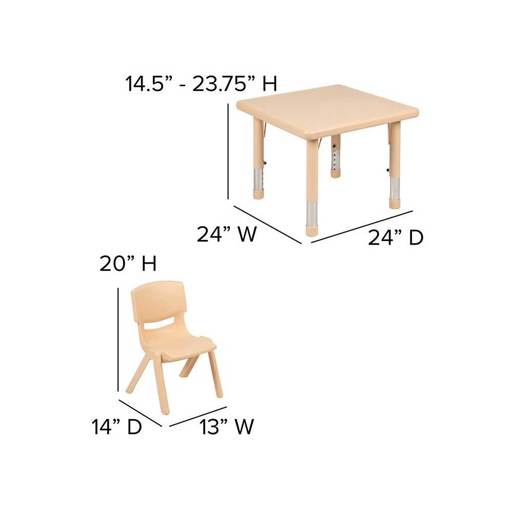 24" Square Natural Plastic Height Adjustable Activity Table Set with 2 Chairs