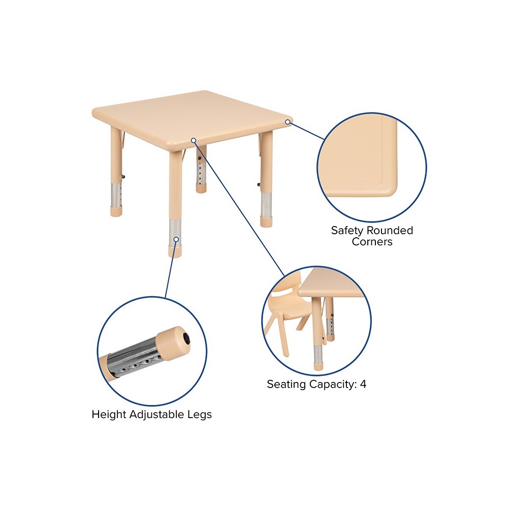 24" Square Natural Plastic Height Adjustable Activity Table Set with 4 Chairs